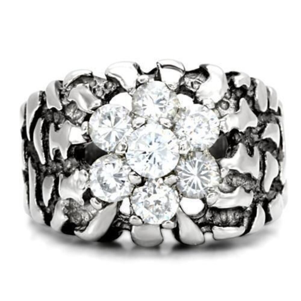 Men's Cubic Zirconia Nugget Ring 7 Stone Cluster Stainless Steel High Polished - Picture 14 of 15